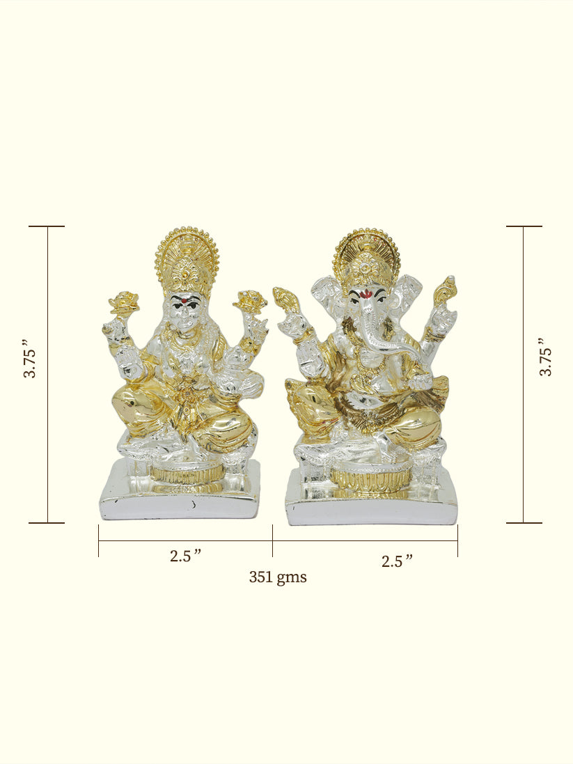 3.75" Lakshmi and Ganapathy Sitting on Throne (Gold with Silver Colour)