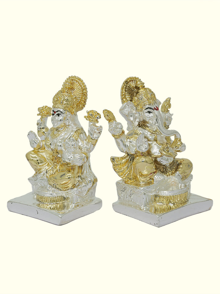 3.75" Lakshmi and Ganapathy Sitting on Throne (Gold with Silver Colour)