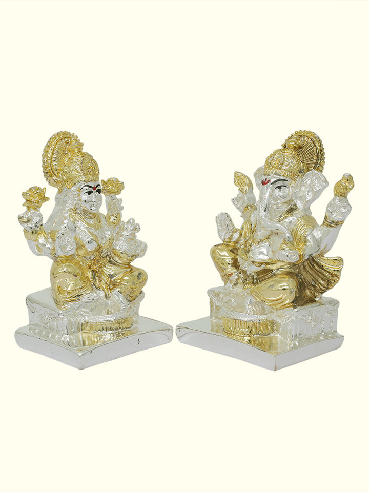 3.75" Lakshmi and Ganapathy Sitting on Throne (Gold with Silver Colour)