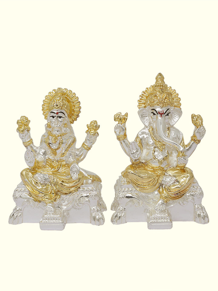 3.5" Lakshmi and Ganapthy Sitting on Throne (Gold with Silver Colour)