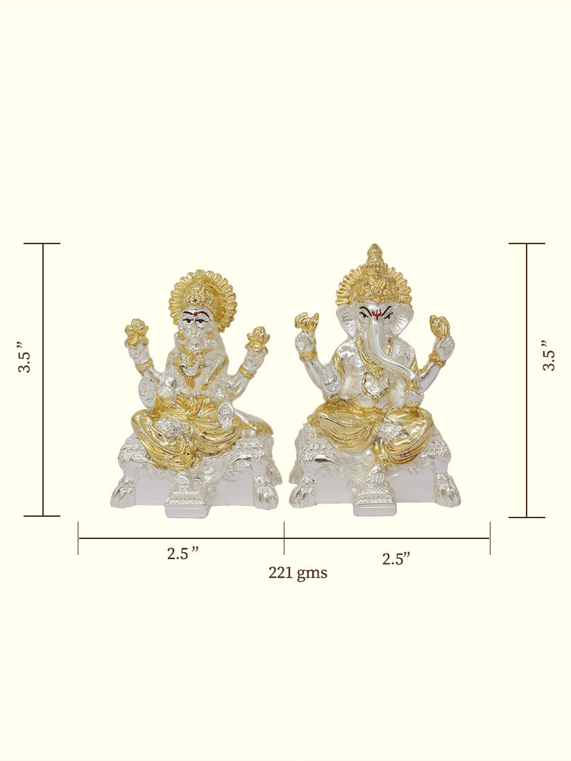 3.5" Lakshmi and Ganapthy Sitting on Throne (Gold with Silver Colour)