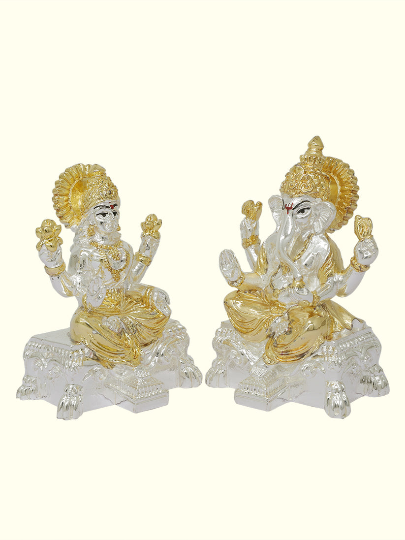 3.5" Lakshmi and Ganapthy Sitting on Throne (Gold with Silver Colour)