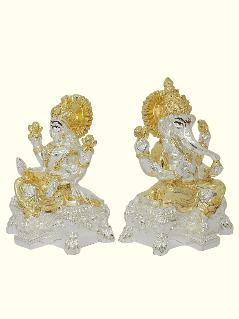 3.5" Lakshmi and Ganapthy Sitting on Throne (Gold with Silver Colour)