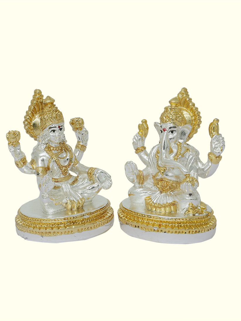 3" Lakshmi and Ganapathy Sitting on Throne (Gold with Silver Colour)