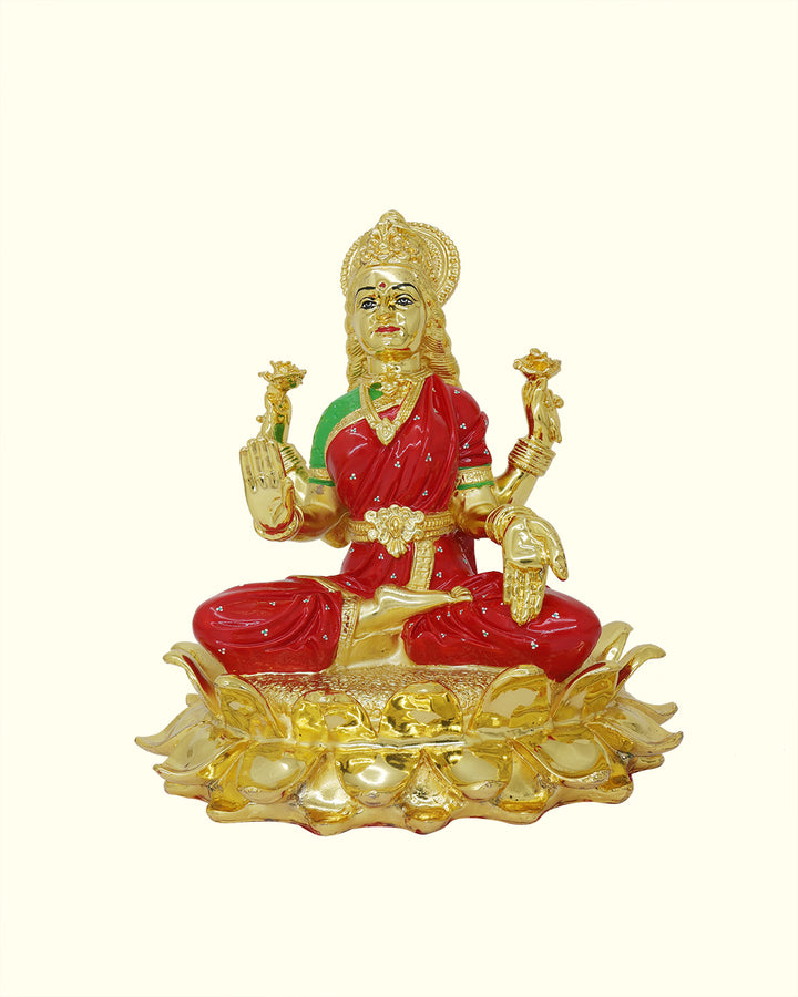 8" Lakshmi with Red Saree Sitting on Lotus (Gold Colour)