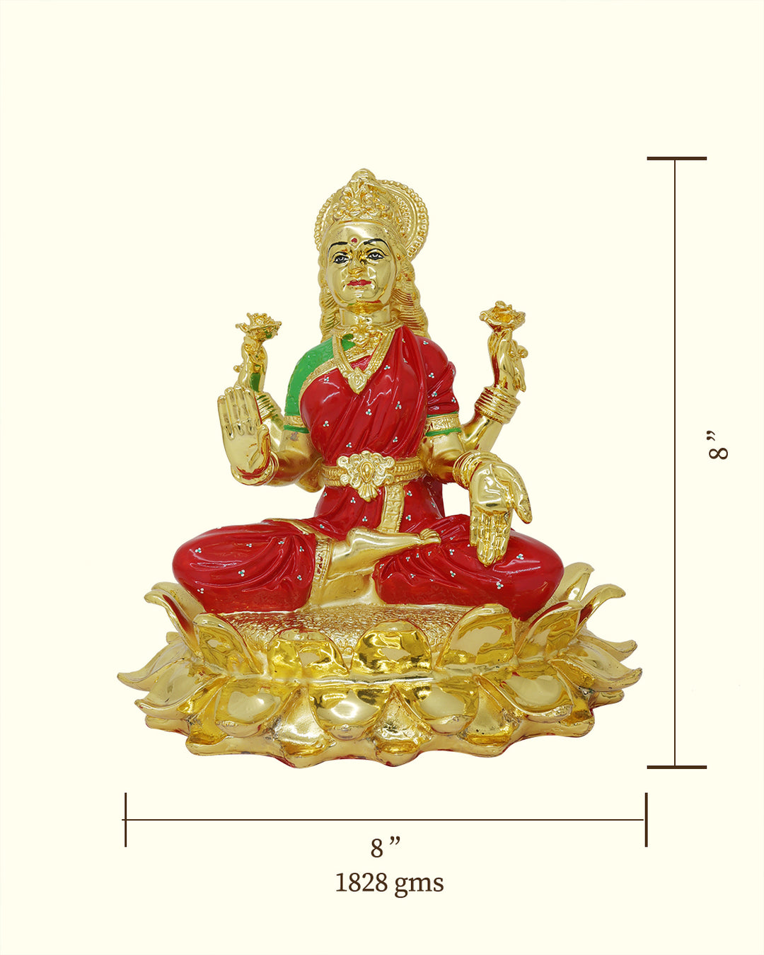 8" Lakshmi with Red Saree Sitting on Lotus (Gold Colour)