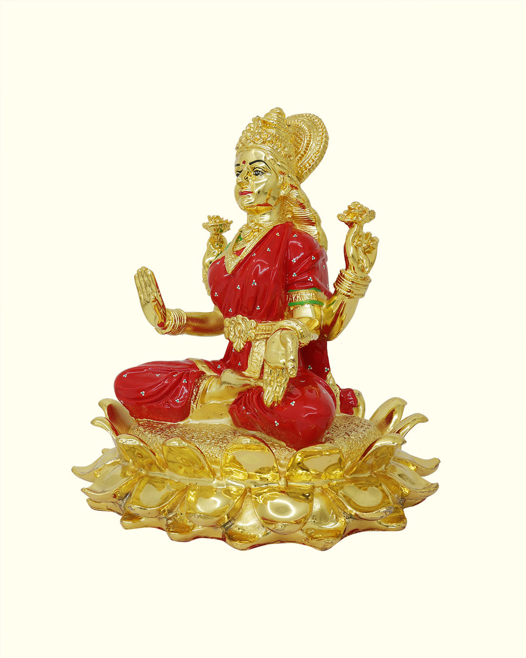 8" Lakshmi with Red Saree Sitting on Lotus (Gold Colour)