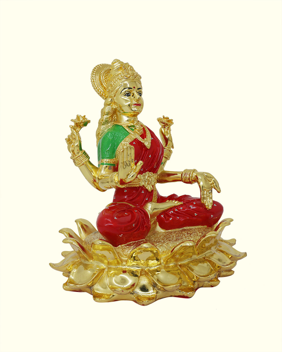 8" Lakshmi with Red Saree Sitting on Lotus (Gold Colour)