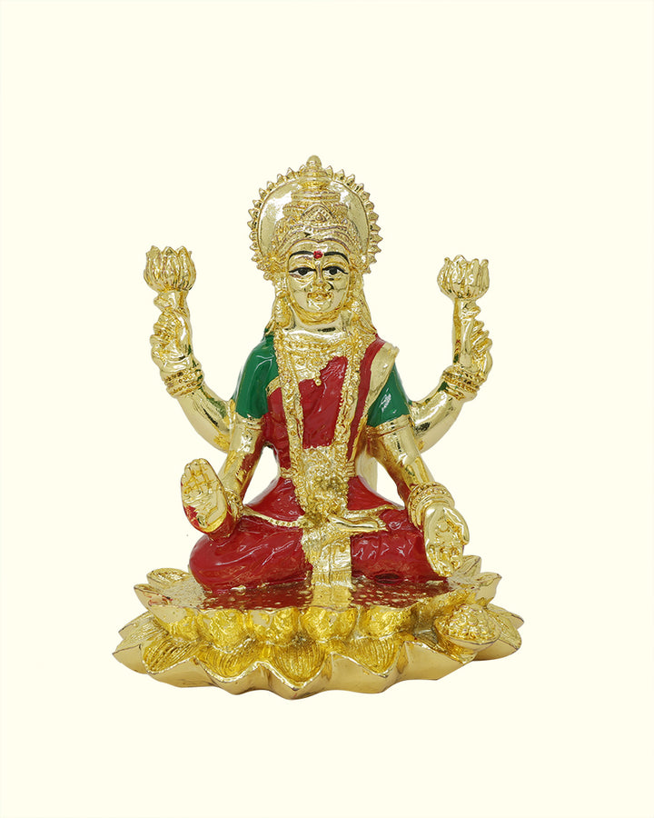 5" Lakshmi with Red Sari Sitting on Lotus (Gold Colour)