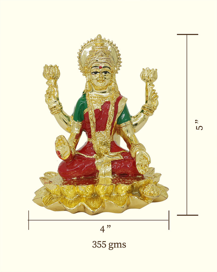 5" Lakshmi with Red Sari Sitting on Lotus (Gold Colour)