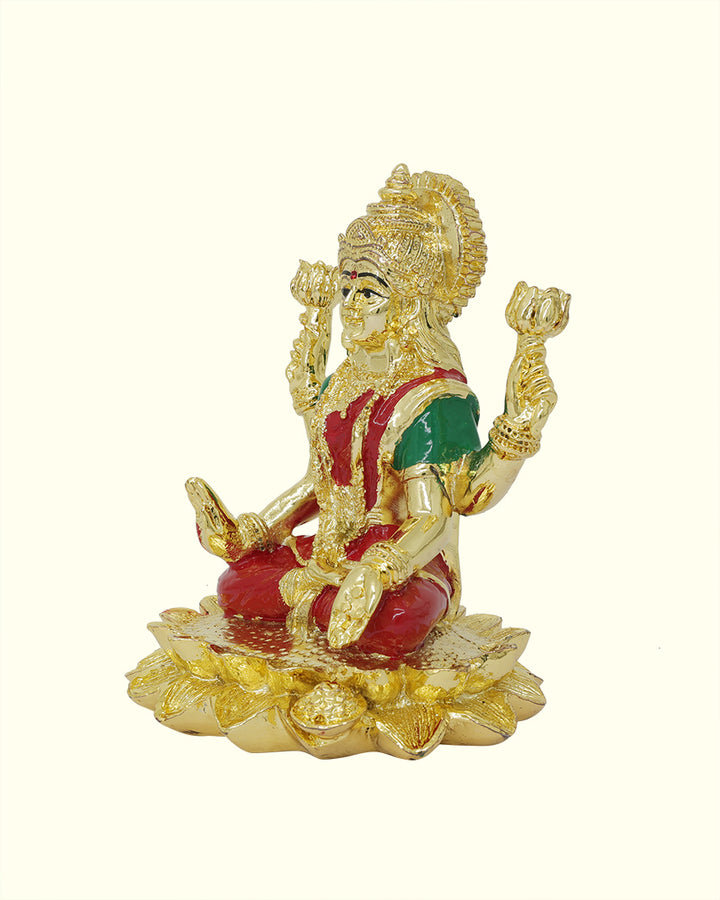 5" Lakshmi with Red Sari Sitting on Lotus (Gold Colour)