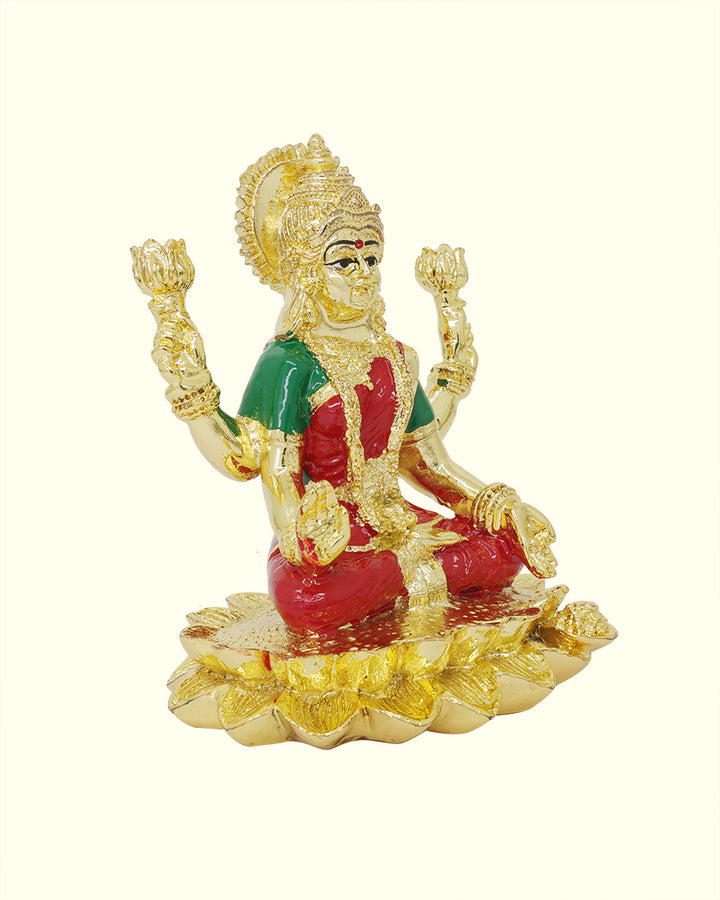 5" Lakshmi with Red Sari Sitting on Lotus (Gold Colour)