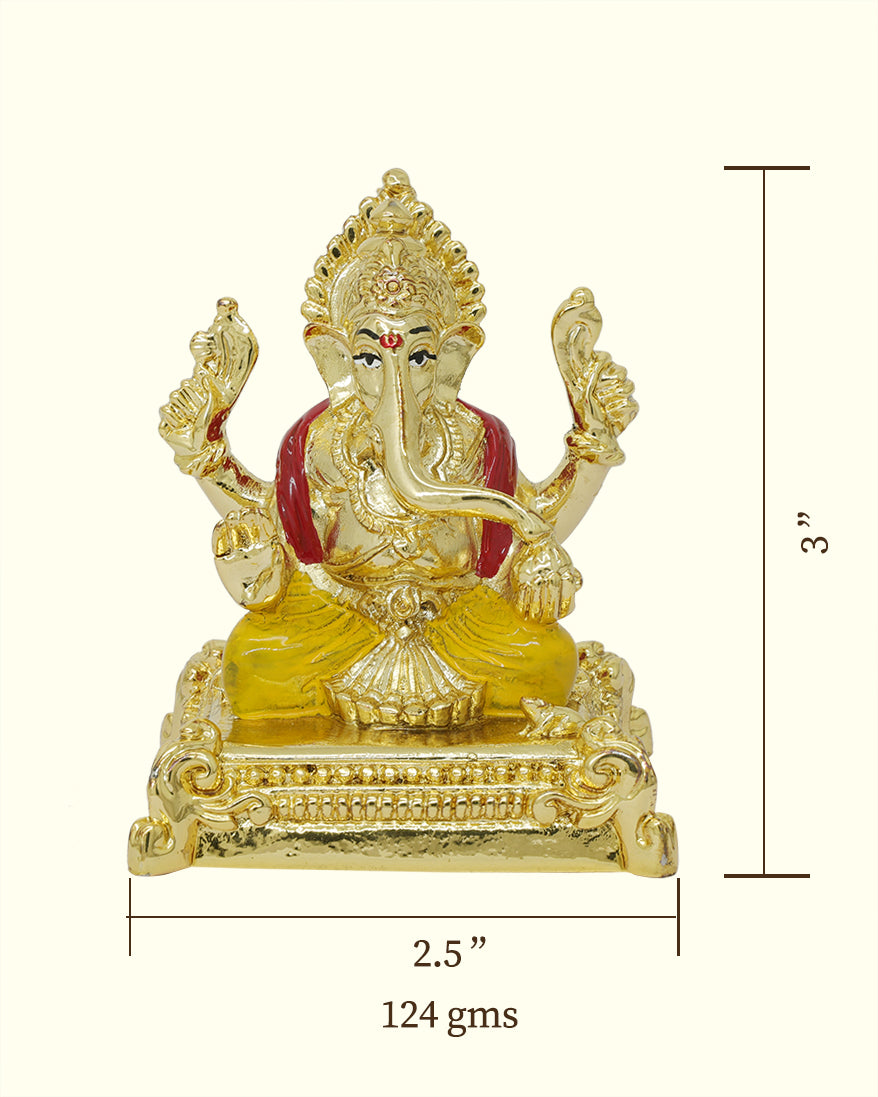 3" Ganapathy Sitting on Throne (Gold Colour) - Car Dashboard and Table Decor