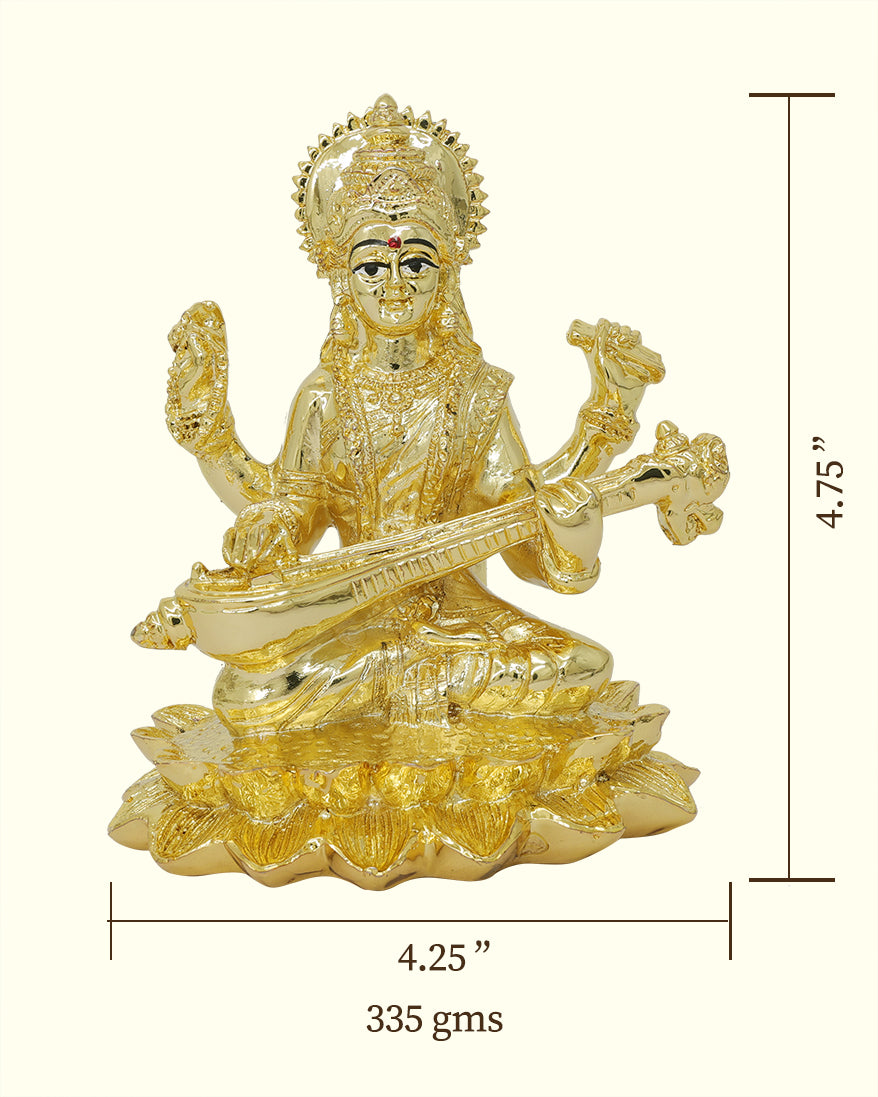 4.75" சரஸ்வதி சிம்மாசனத்தில் அமர்ந்திருக்கிறார் (தங்க நிறம்)