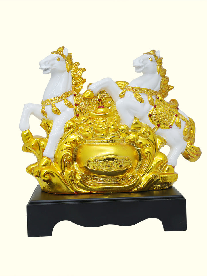 11.5" Wide Dual Horse Galloping Statue (White with Gold Colour)