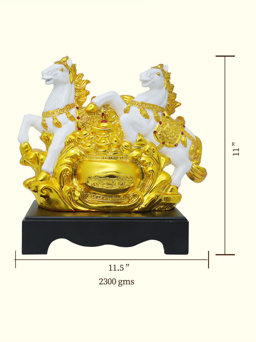 11.5" Wide Dual Horse Galloping Statue (White with Gold Colour)