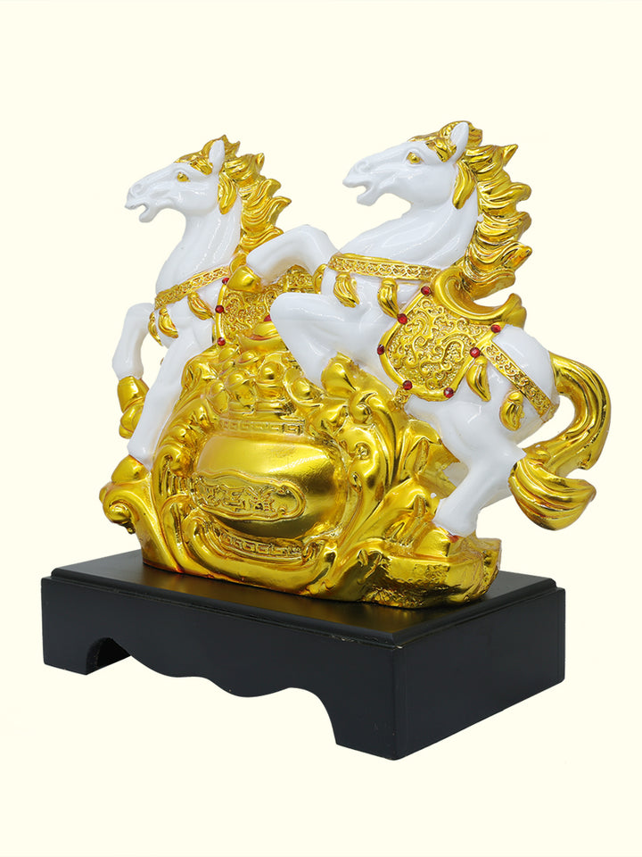 11.5" Wide Dual Horse Galloping Statue (White with Gold Colour)