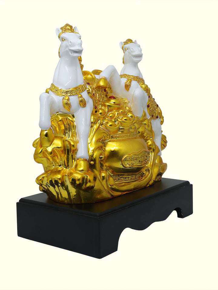 11.5" Wide Dual Horse Galloping Statue (White with Gold Colour)