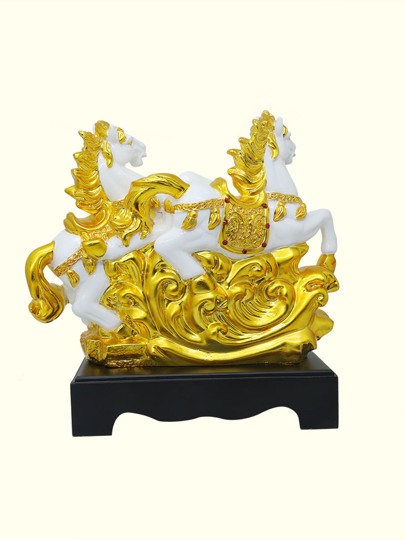 11.5" Wide Dual Horse Galloping Statue (White with Gold Colour)