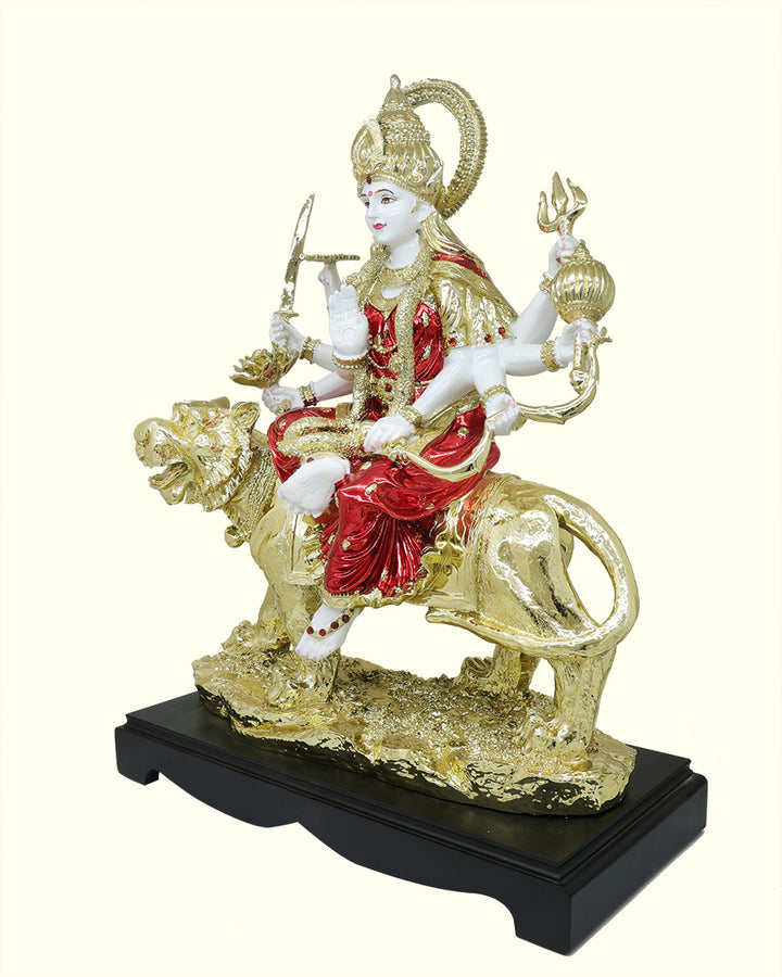 19.5" Durga Devi with Red Sari Sitting on Lion (Gold Colour)