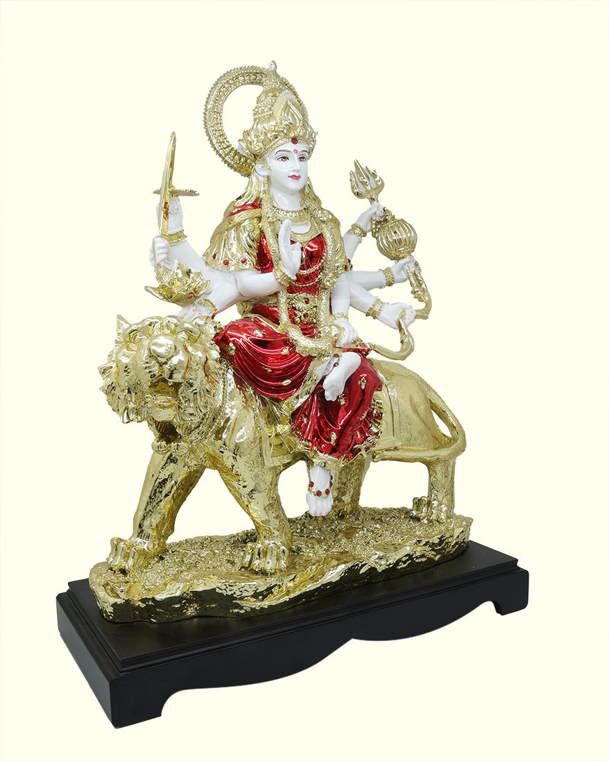 19.5" Durga Devi with Red Sari Sitting on Lion (Gold Colour)