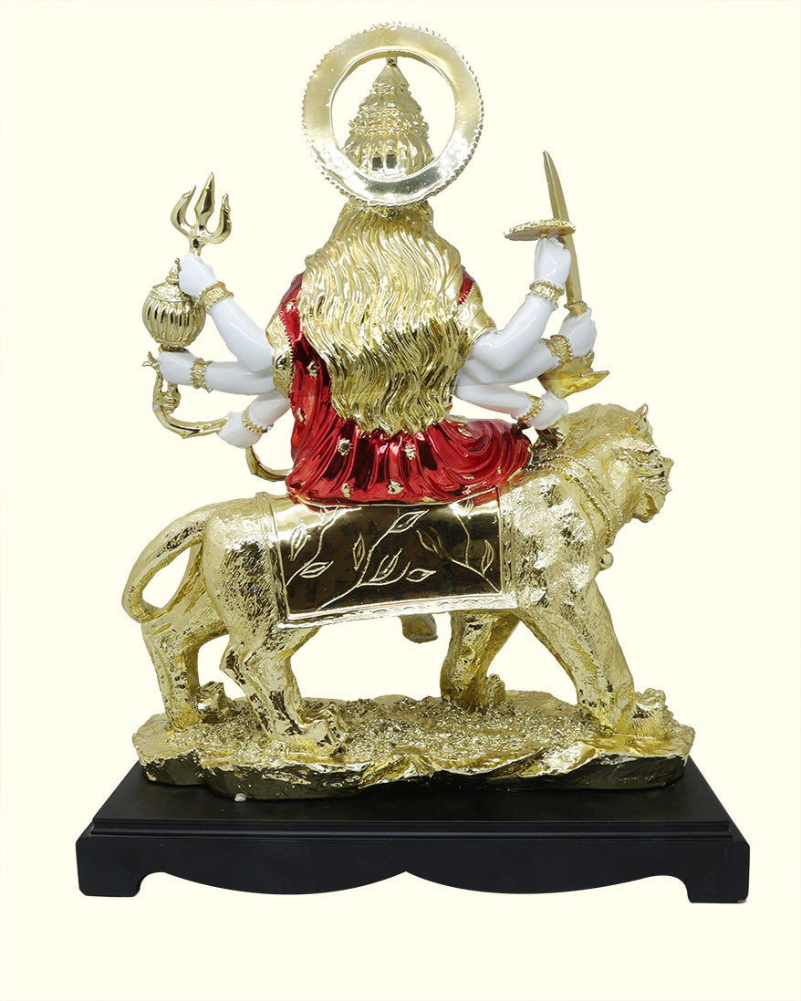 19.5" Durga Devi with Red Sari Sitting on Lion (Gold Colour)