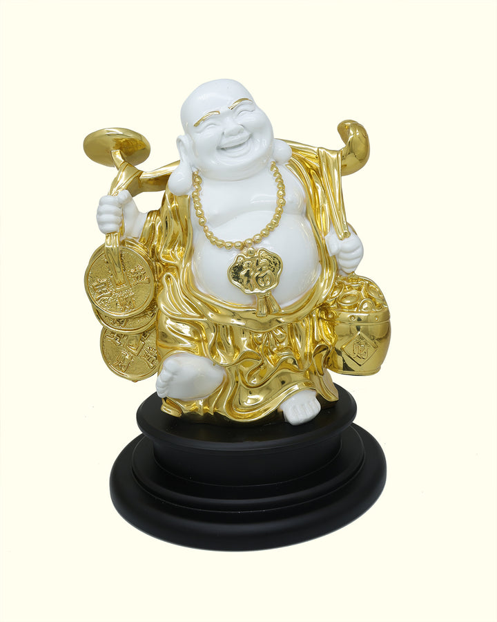 13" Budai Holding Money Bag in Standing Position (White with Gold Colour)