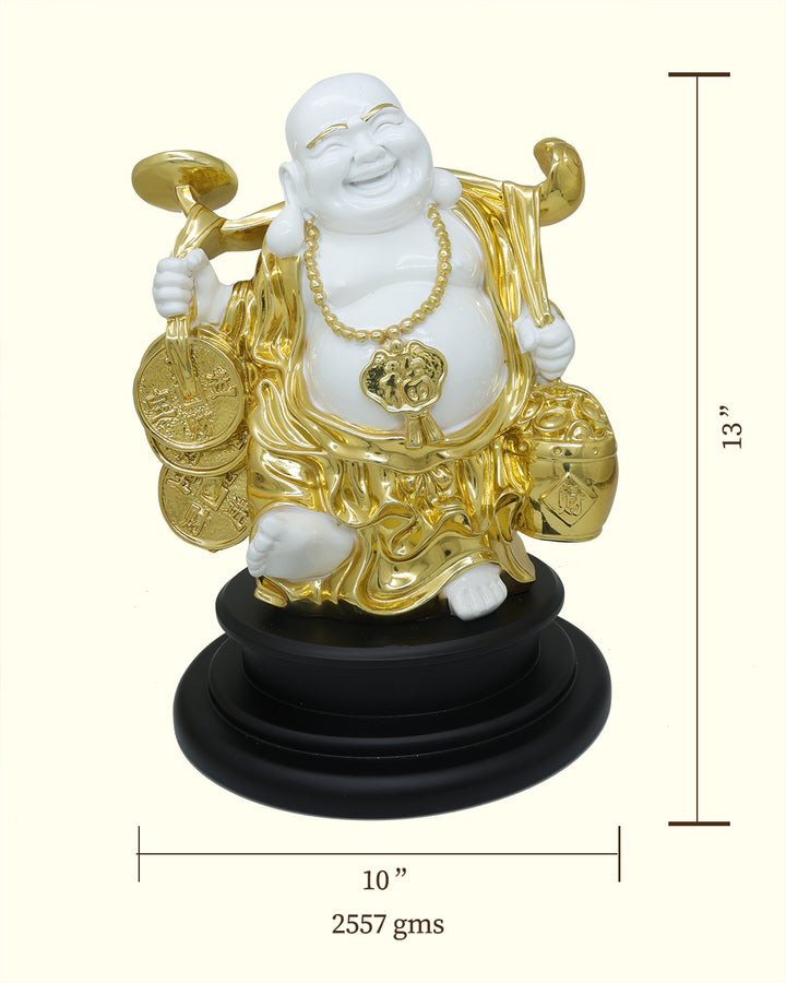 13" Budai Holding Money Bag in Standing Position (White with Gold Colour)