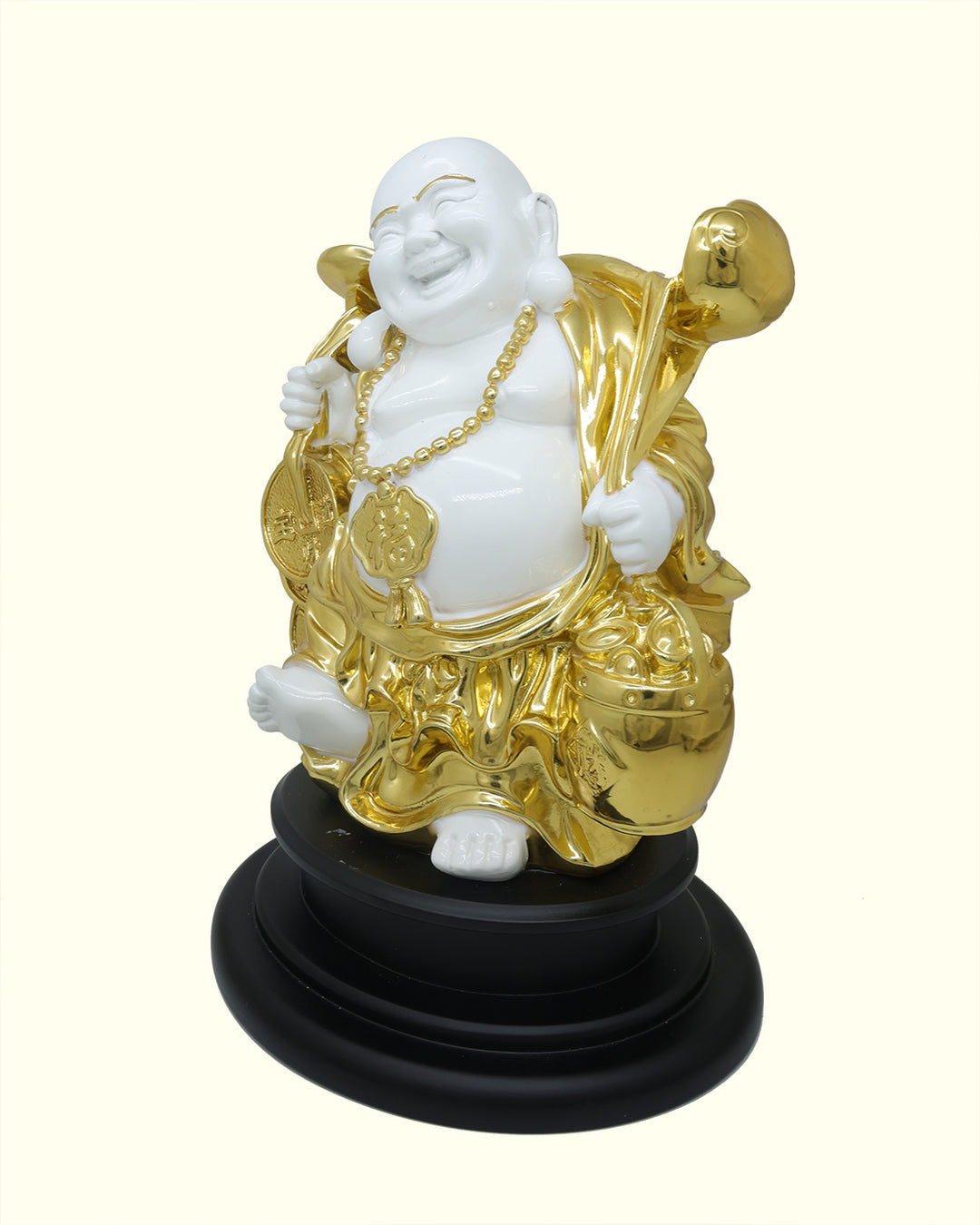 13" Budai Holding Money Bag in Standing Position (White with Gold Colour)