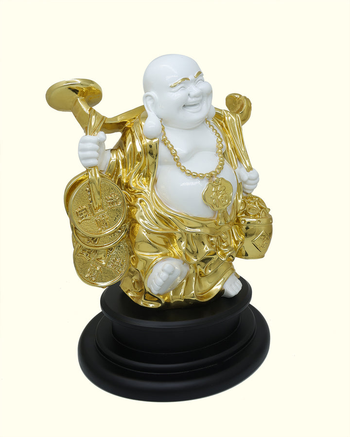 13" Budai Holding Money Bag in Standing Position (White with Gold Colour)