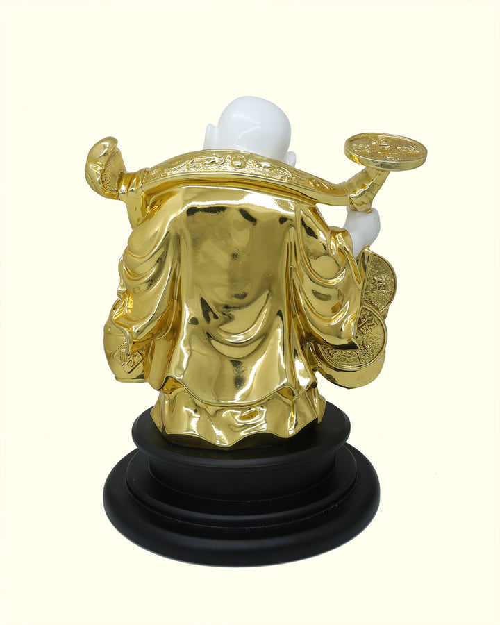 13" Budai Holding Money Bag in Standing Position (White with Gold Colour)