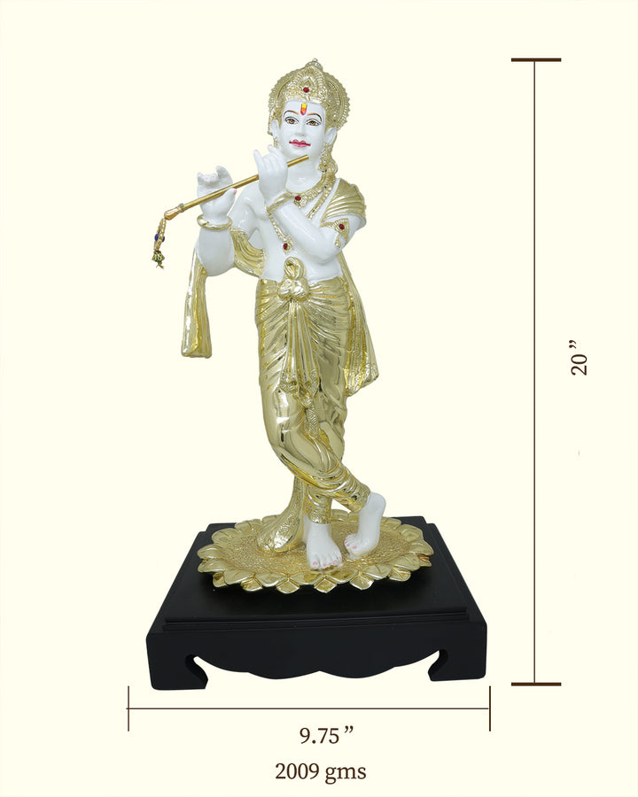 20" Krishna Statue with Flute in Standing Position (White with Gold Colour)