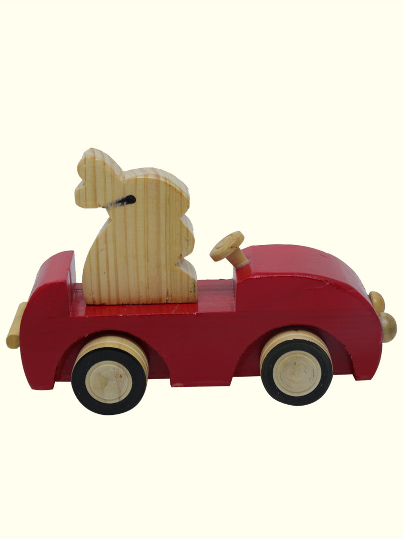 6.5" Wide Rabbit Driving the Car Toy (Wooden)