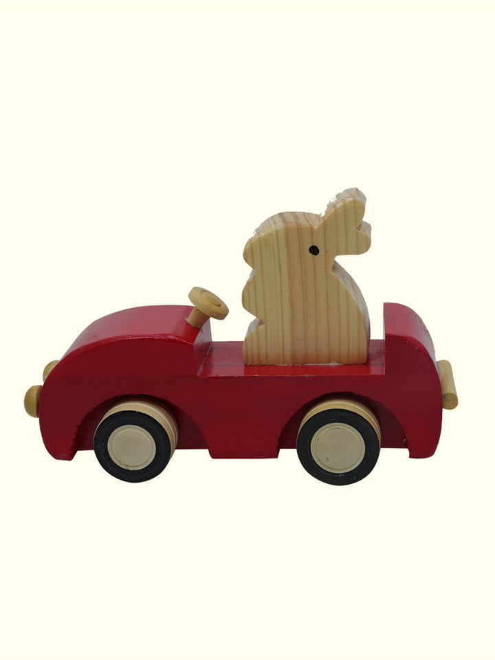 6.5" Wide Rabbit Driving the Car Toy (Wooden)