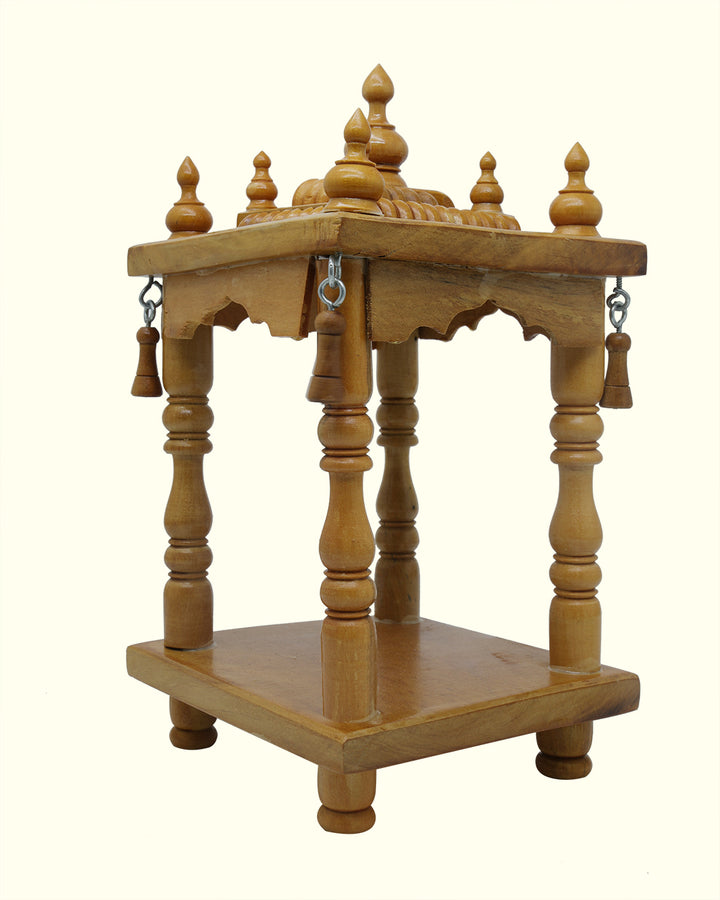 9" Handcrafted Wooden Puja Stand - Temple with Bell