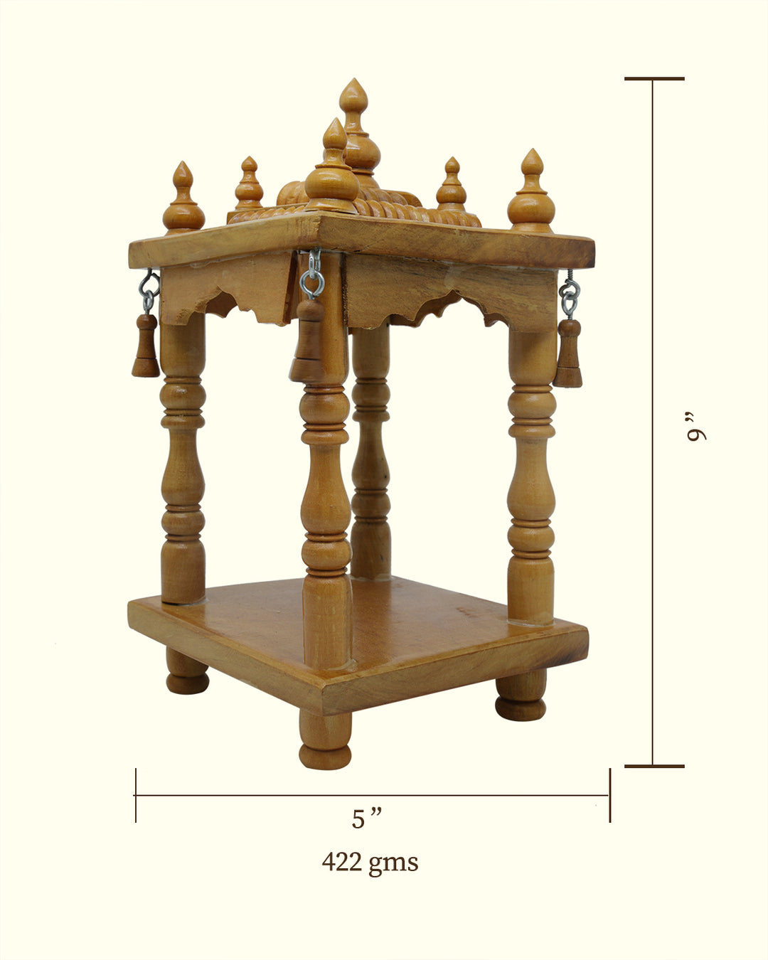 9" Handcrafted Wooden Puja Stand - Temple with Bell