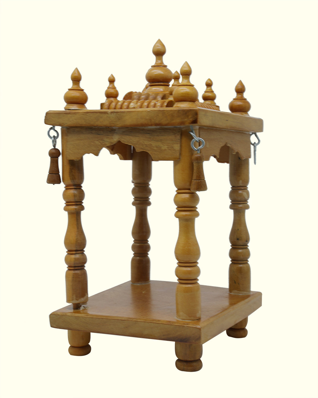 9" Handcrafted Wooden Puja Stand - Temple with Bell