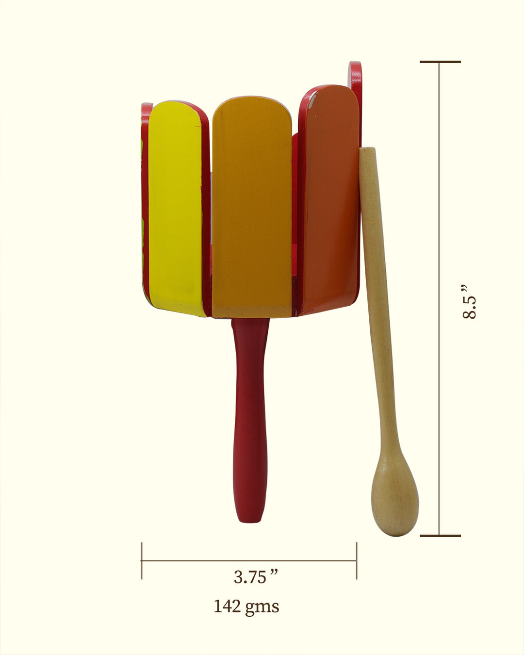 8.5" கைப்பிடி மற்றும் பீட்டர் கொண்ட மரக் கிளறி டிரம் (மல்டிகலர்)