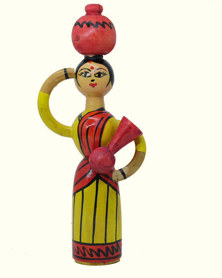 8.5" Lady Carrying Pot on her Head and Hand (Handcrafted Wooden Toy)