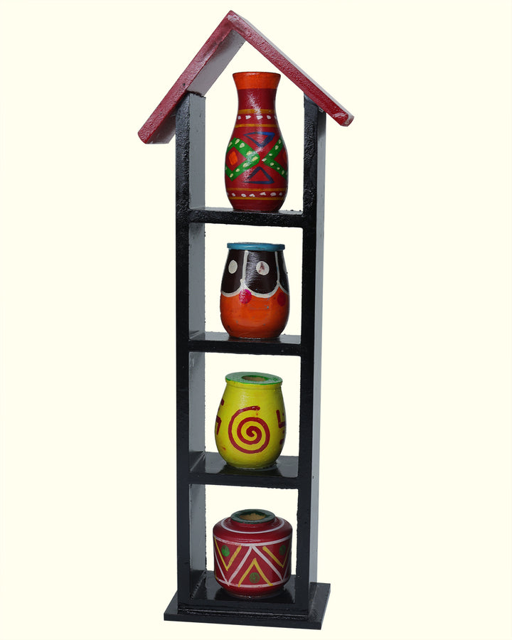 11.25" Wooden Pothouse for Golu Decoration (4 Pots)