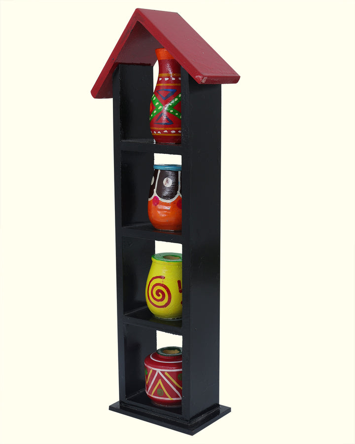 11.25" Wooden Pothouse for Golu Decoration (4 Pots)