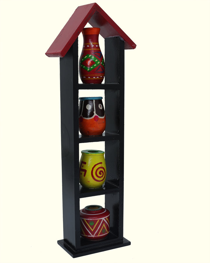 11.25" Wooden Pothouse for Golu Decoration (4 Pots)