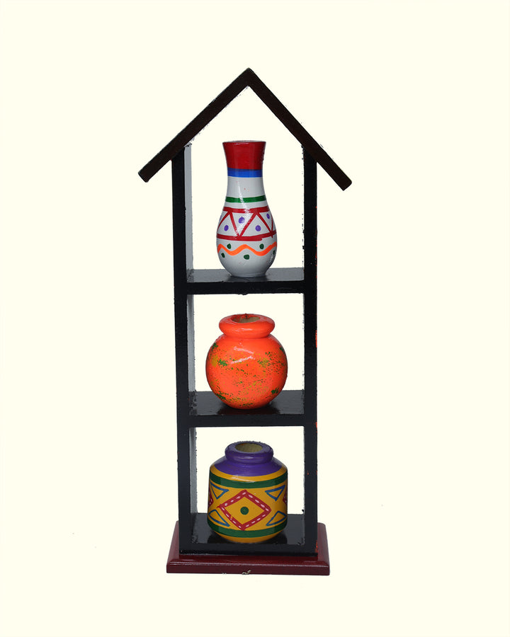 9.25" Wooden Pothouse for Golu Decoration (3 Pots)