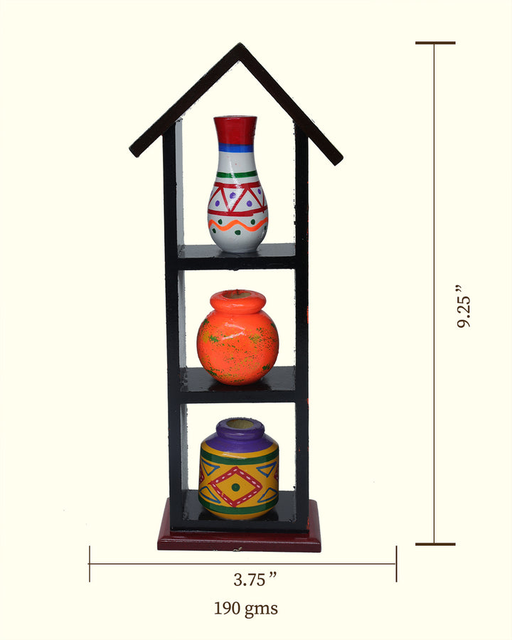 9.25" Wooden Pothouse for Golu Decoration (3 Pots)