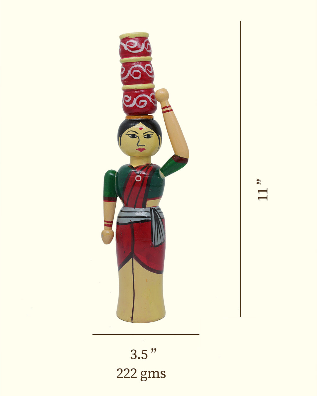 11" Lady Wooden Peg Doll Carrying 3 Pots on her Head