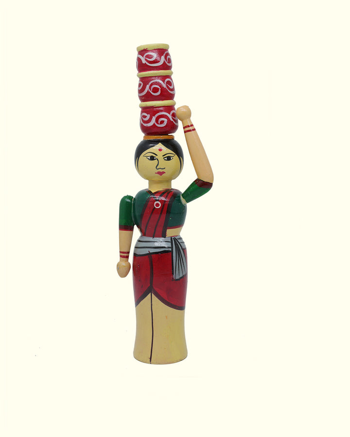 11" Lady Wooden Peg Doll Carrying 3 Pots on her Head