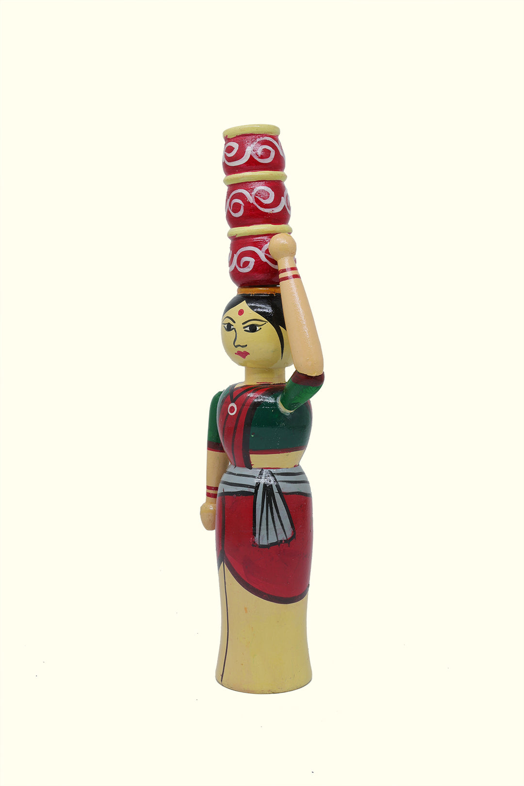 11" Lady Wooden Peg Doll Carrying 3 Pots on her Head