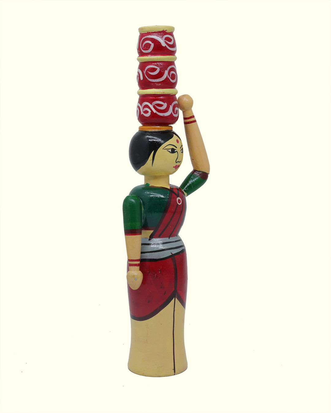 11" Lady Wooden Peg Doll Carrying 3 Pots on her Head