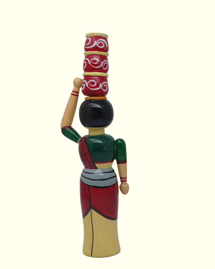 11" Lady Wooden Peg Doll Carrying 3 Pots on her Head