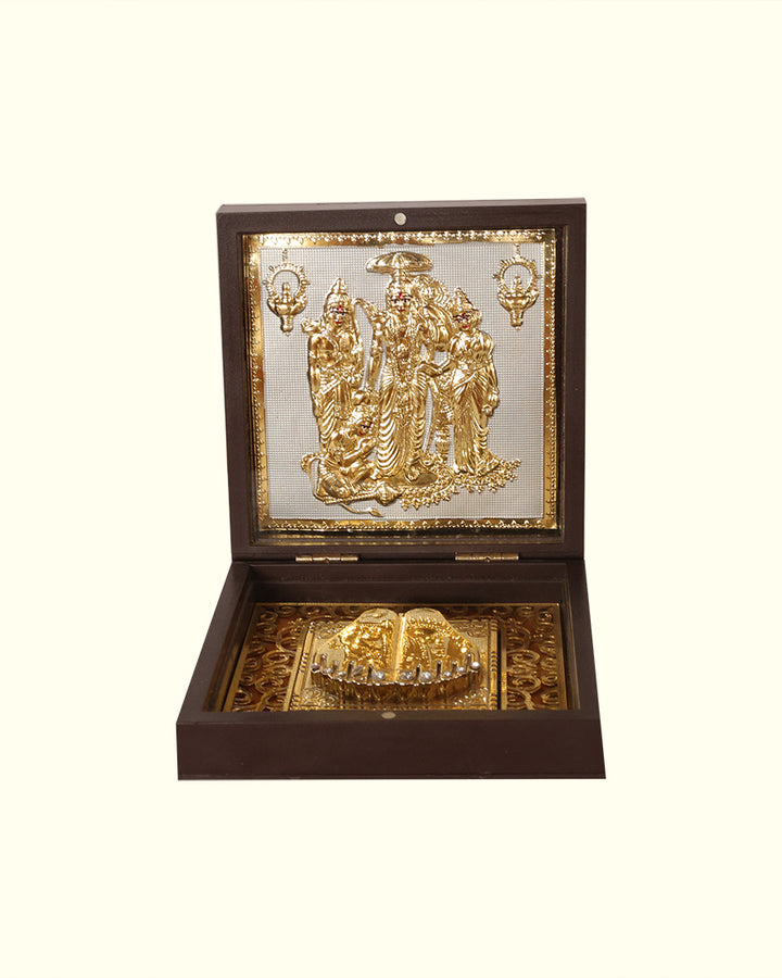 4.5" Divine Gold Plated Bhagwan Shree Ram, Laxman, Sita and Hanuman Charan Paduka (Wooden Box)